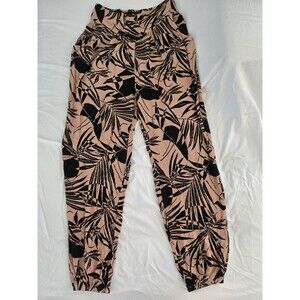 ​Wild Fable S Tropical Print Pants Smocked Waist Black Tan Harem Boho Womens